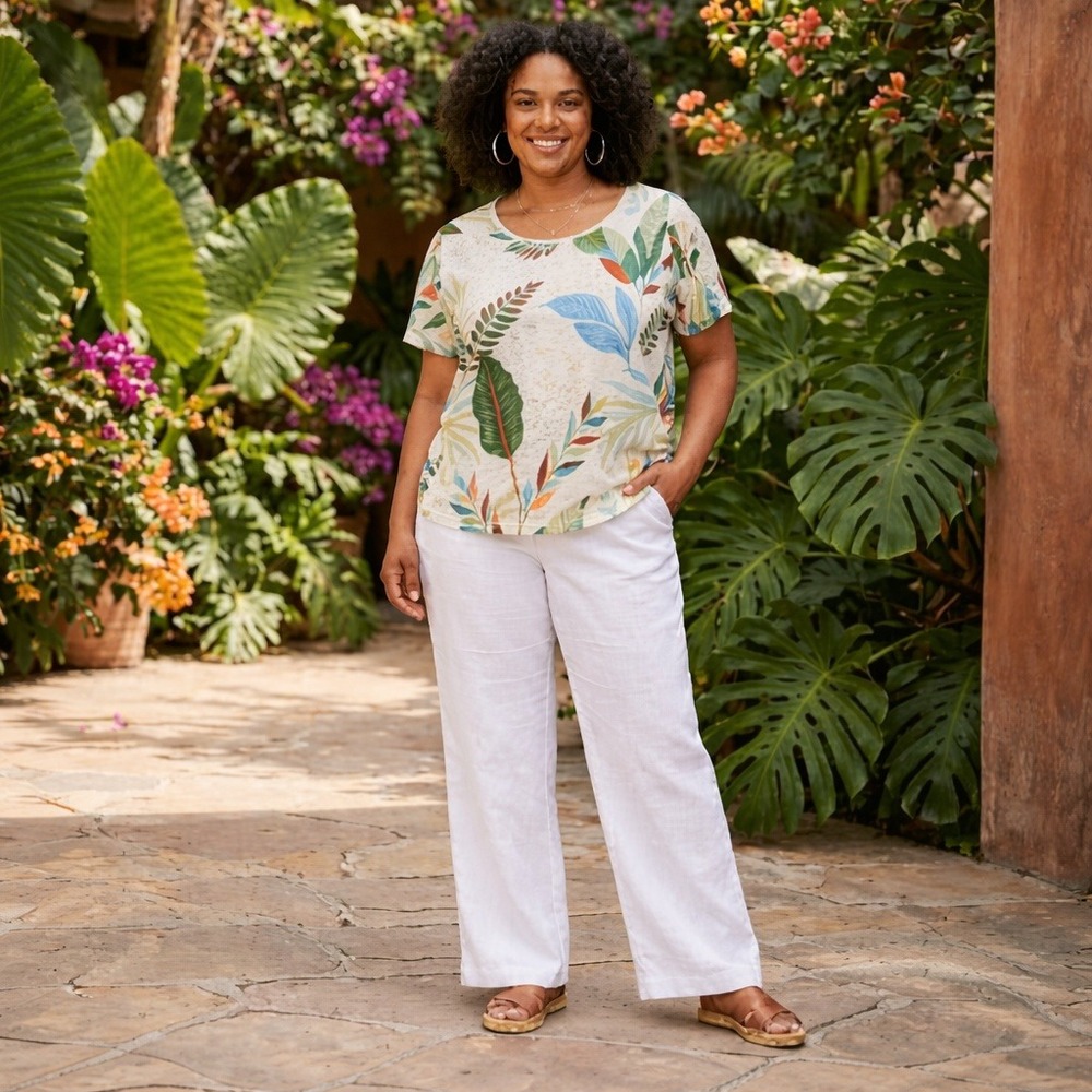 Cynthia Rowley 100%‎ Linen Tropical Floral T-Shirt Womens Plus Size 2X Resort